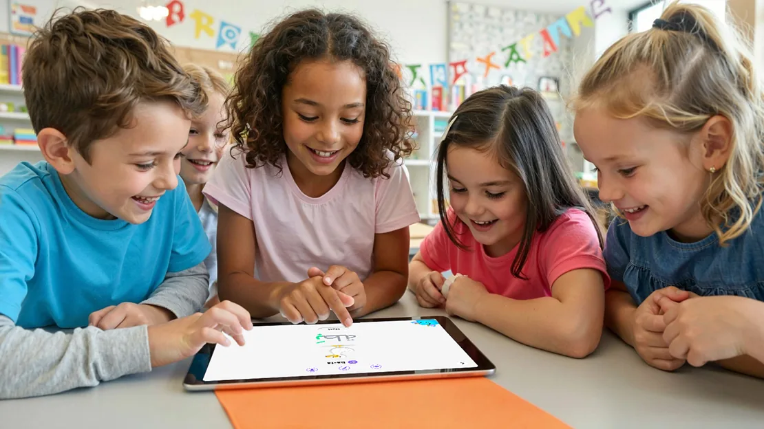 教室で、一人が画面上の文字をなぞりながら、タブレットを囲む5人の子どもたち