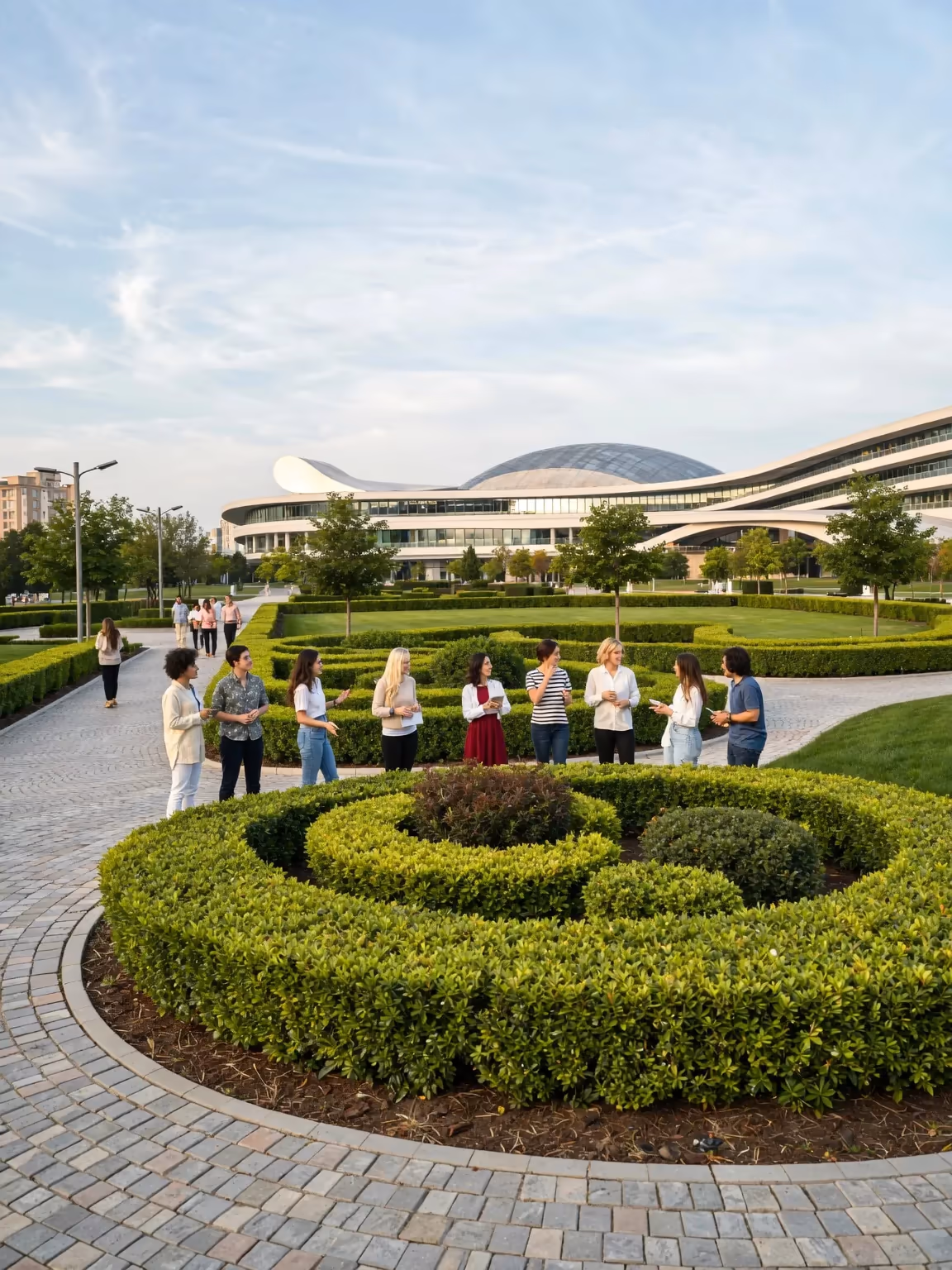 실비아가 Apple Park의 둥근 유리 링 건물 앞에서 두 팔을 들어 올린 모습