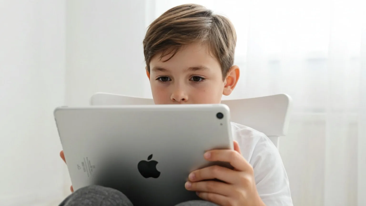 밝고 하얀 방에서 Apple 로고가 새겨진 iPad에 집중해 읽고 있는 남자아이