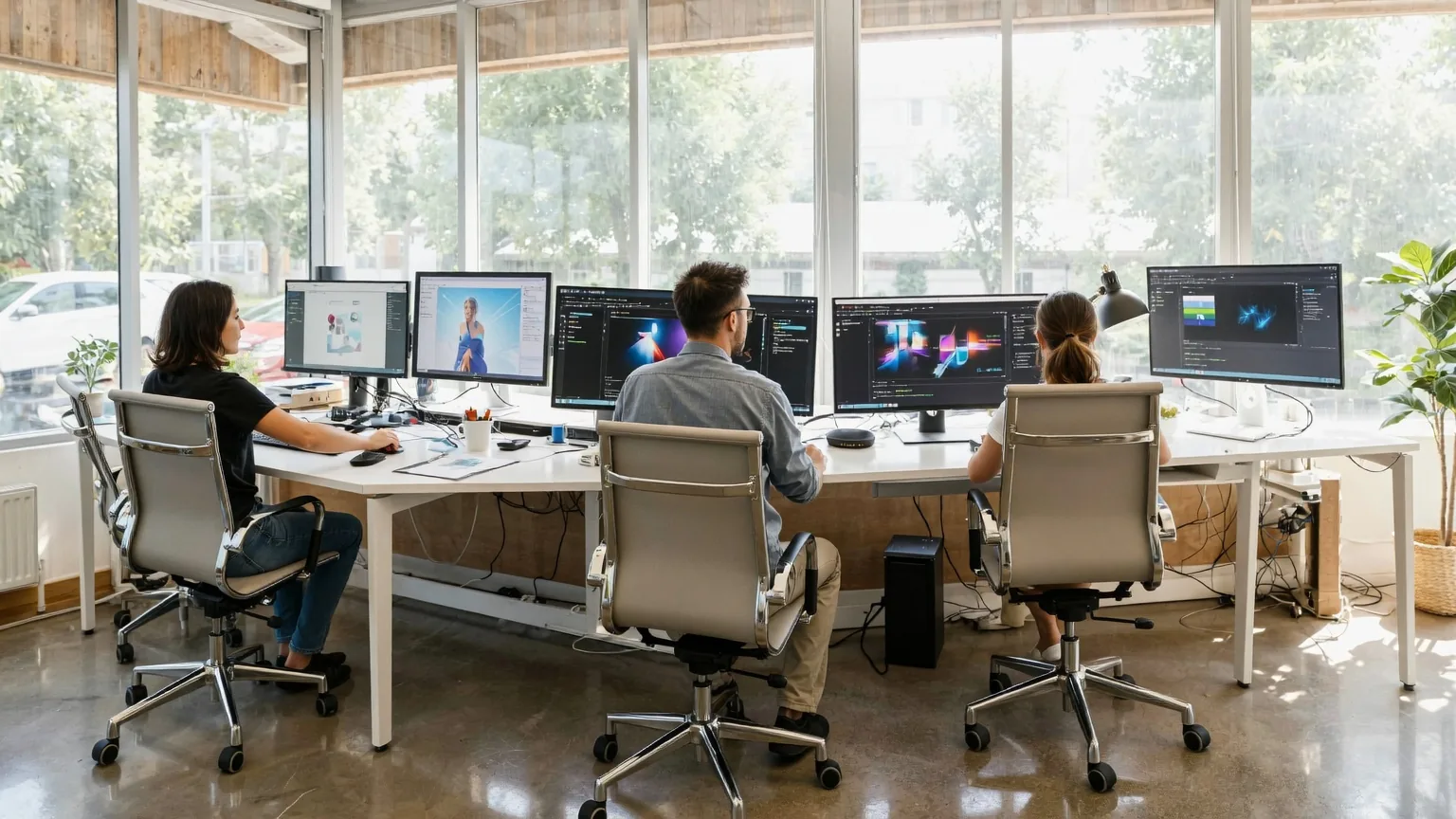 Drei Designer arbeiten an Monitoren mit bunter Animation und Code in einem sonnendurchfluteten Studio