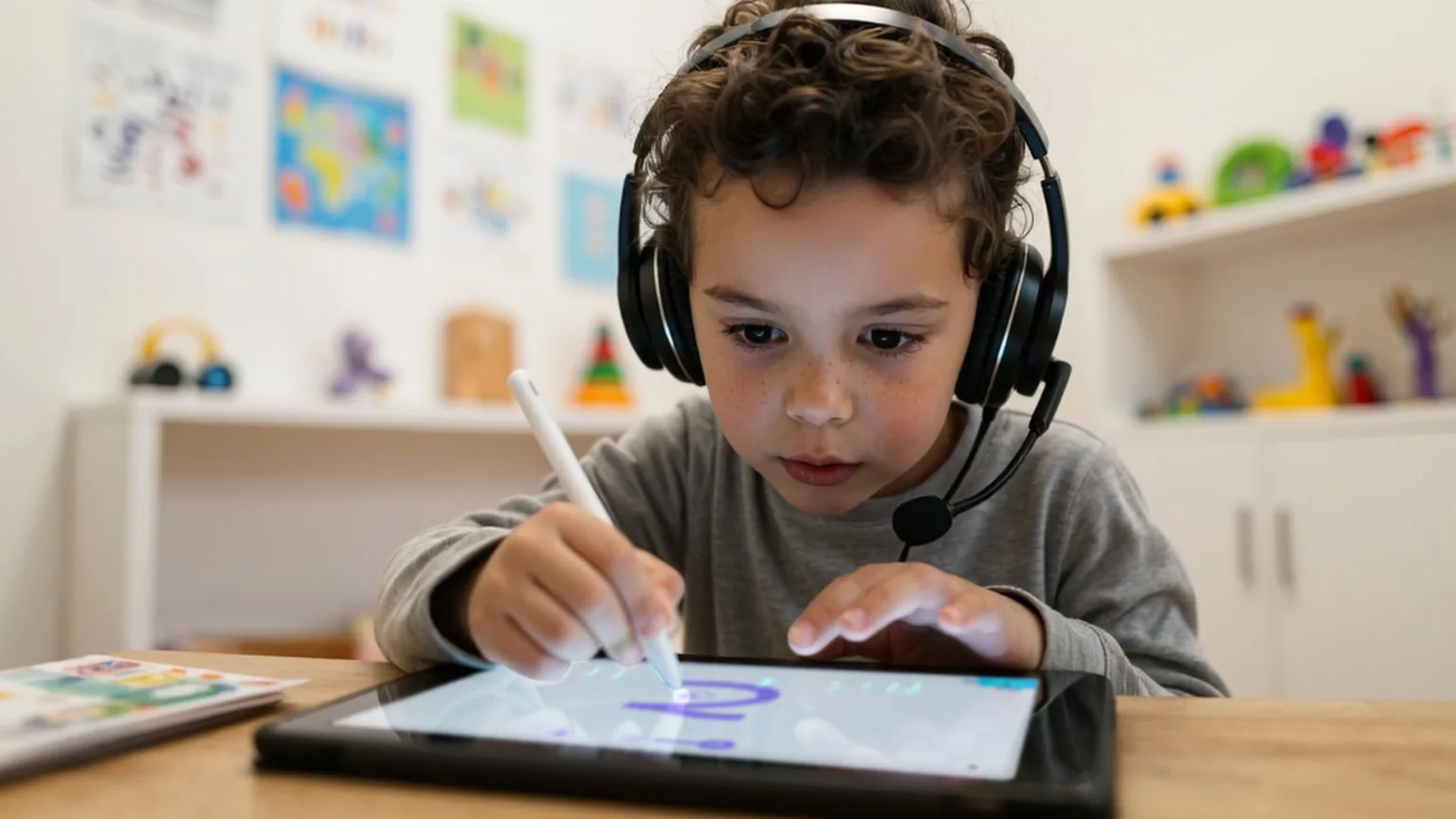 Garçon casqué traçant un chiffre violet sur une tablette avec un stylet à un bureau de classe