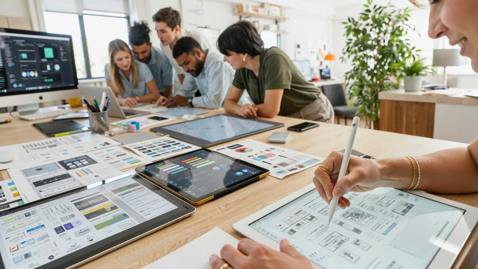 Design-Team versammelt sich um einen Tisch voller Tablets und Ausdrucke, während eine Frau mit einem Stylus skizziert