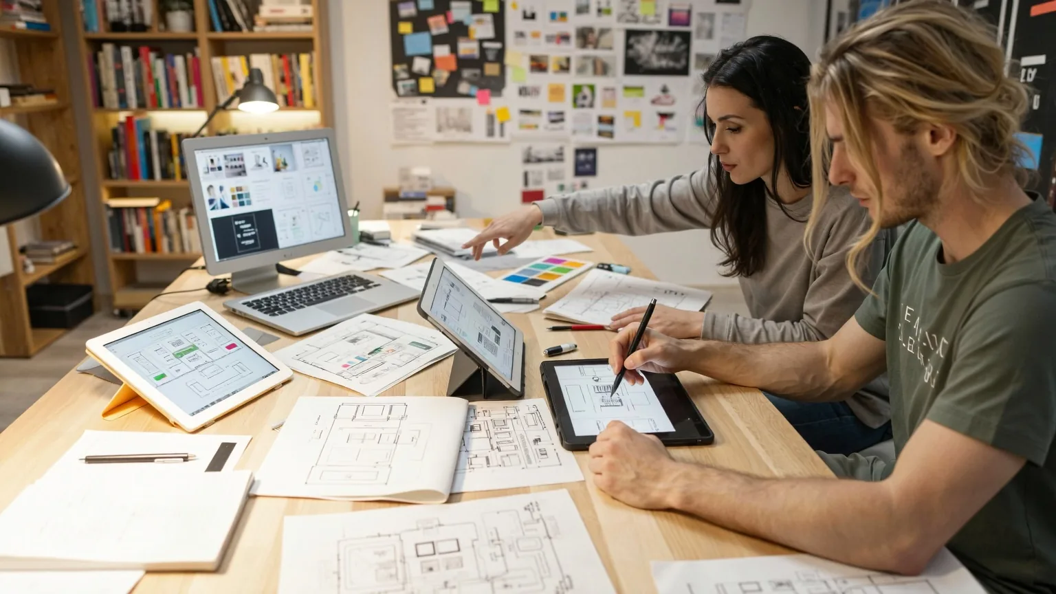 Zwei Designer an einem Studio-Schreibtisch, einer zeichnet auf einem Tablet, der andere zeigt auf einen Monitor mit Layouts