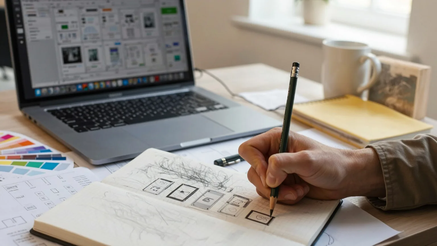يد ترسم مخططات شاشة تطبيق في دفتر ملاحظات بجانب حاسوب محمول وعينات ألوان