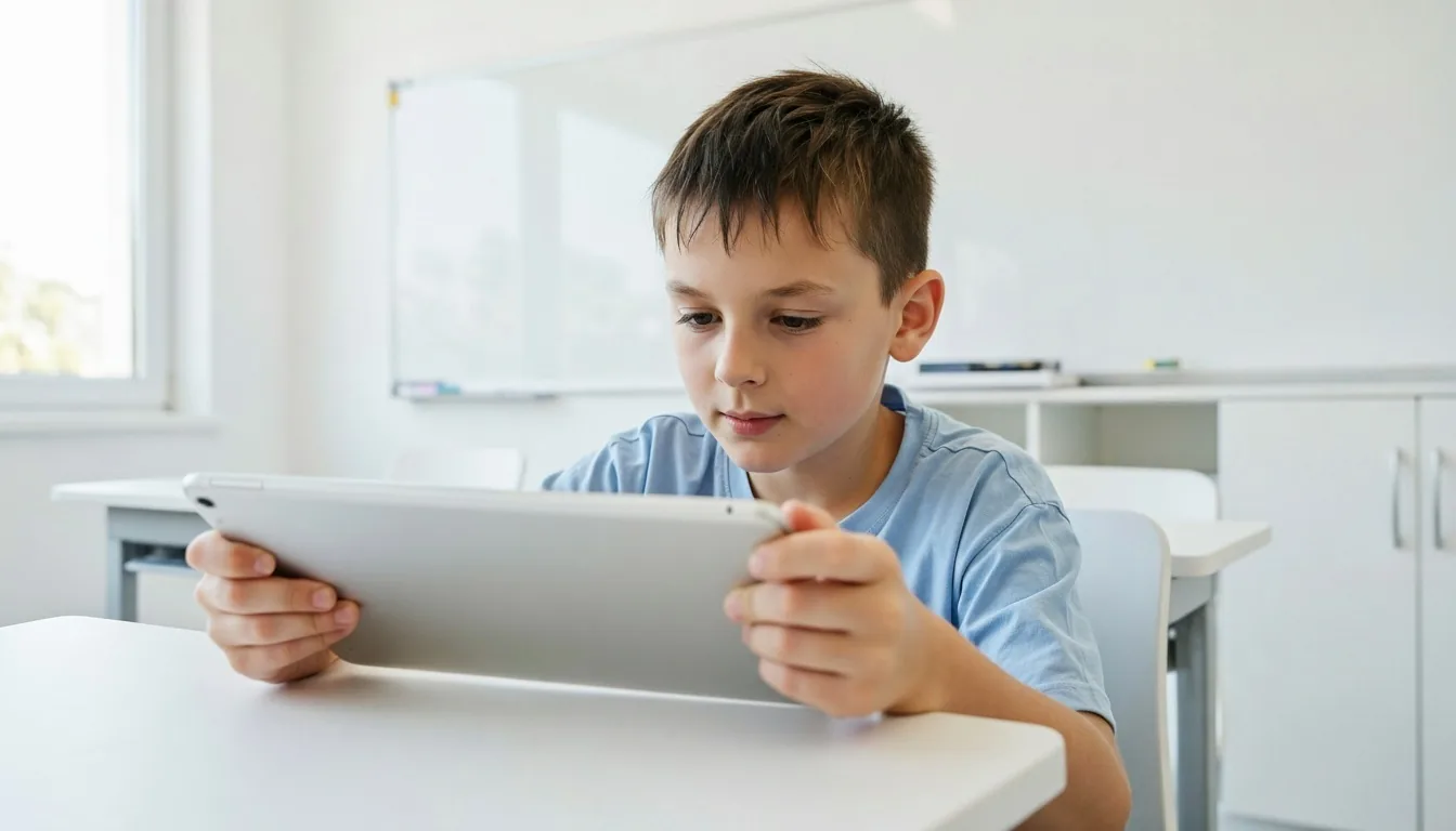 صبي بقميص أزرق منكب على جهاز iPad على مكتب أبيض في صف دراسي مضاء