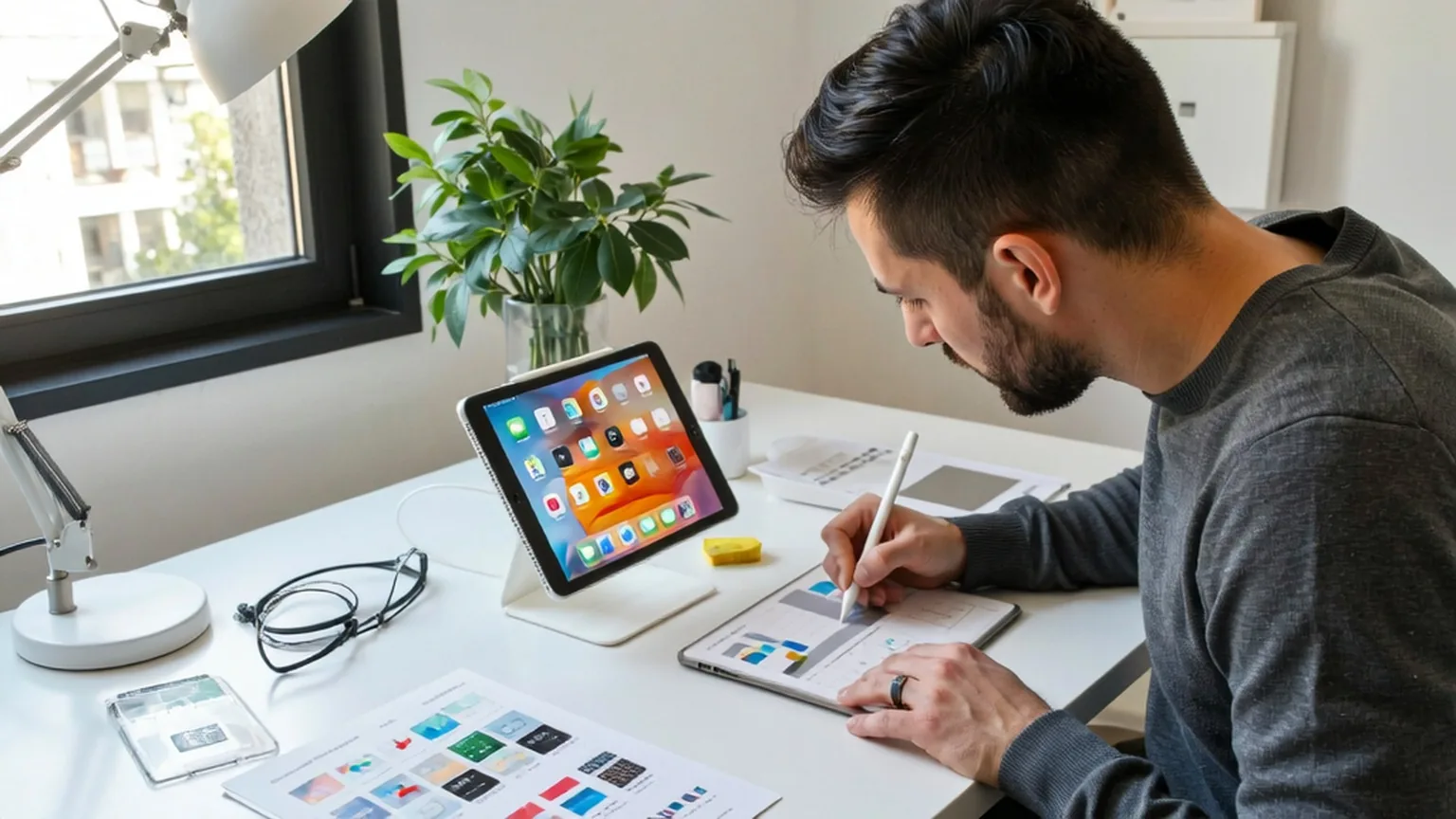 Apple Pencil로 태블릿에 스케치하는 디자이너 옆에 iOS 홈 화면이 표시된 iPad가 놓인 모습