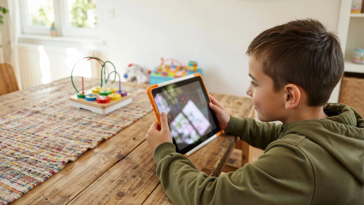 Junge in grünem Kapuzenpulli hält ein Tablet mit orangefarbener Hülle und spielt eine bunte App an einem Holztisch