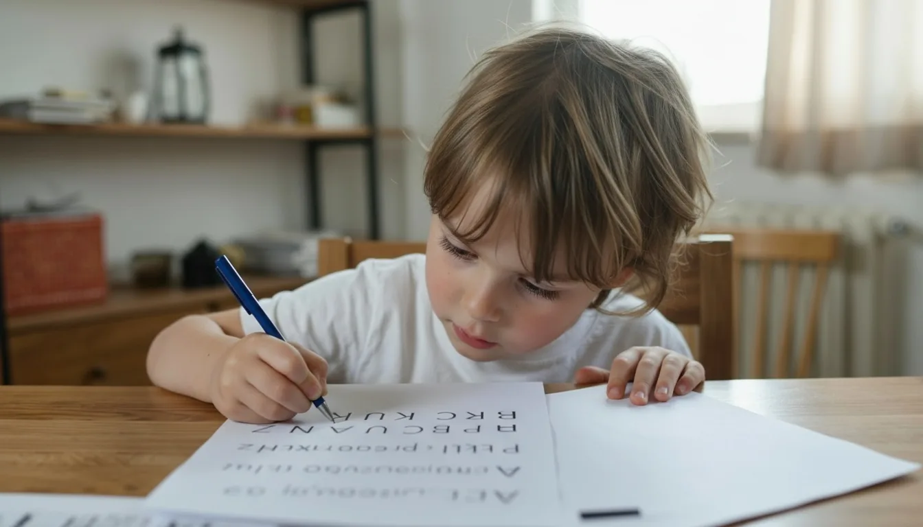 Jeune enfant tenant un stylo bleu s'exerçant à écrire des lettres de l'alphabet sur du papier à une table