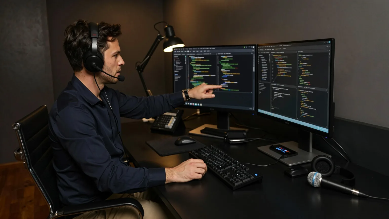 Ein Entwickler mit Headset zeigt auf Codezeilen auf zwei Monitoren in einem dunklen Studio