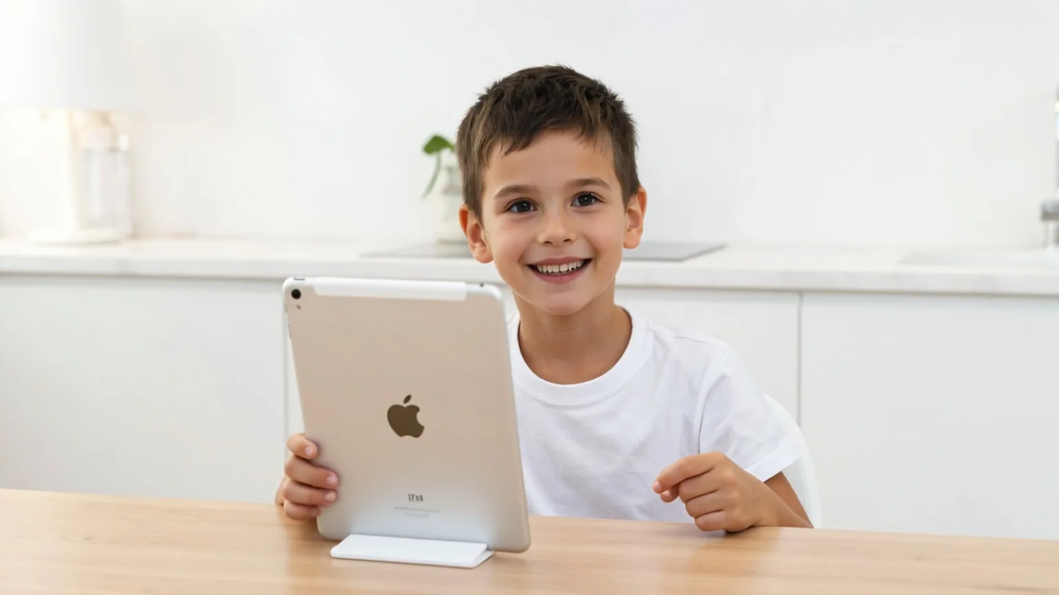 밝은 주방에서 미소 짓는 남자아이가 Apple 로고가 밖을 향한 금색 iPad를 들어 올린 모습