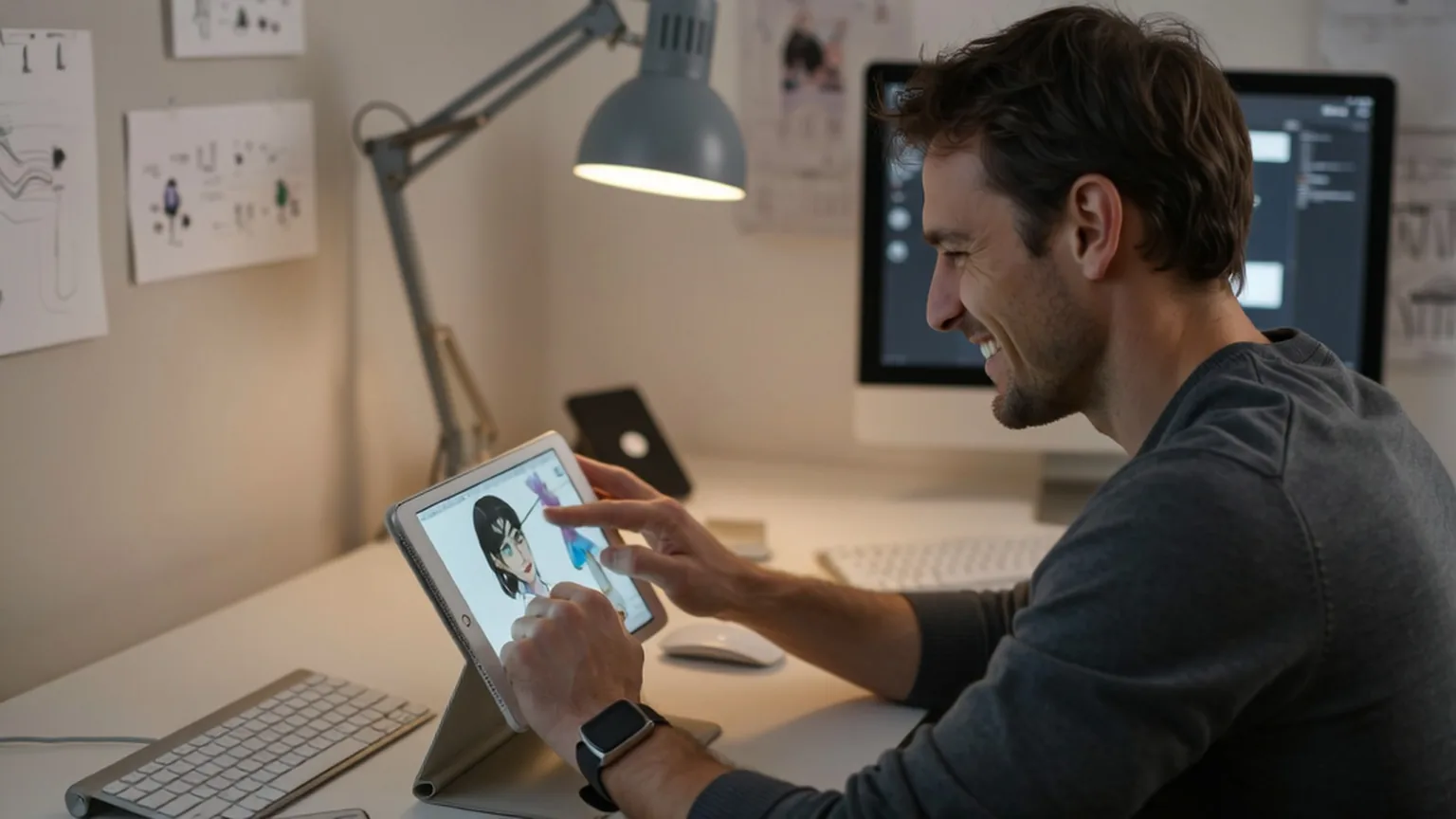 Lächelnder Mann animiert eine Zeichentrickfigur auf einem Tablet an einem Schreibtisch mit Skizzen an der Wand
