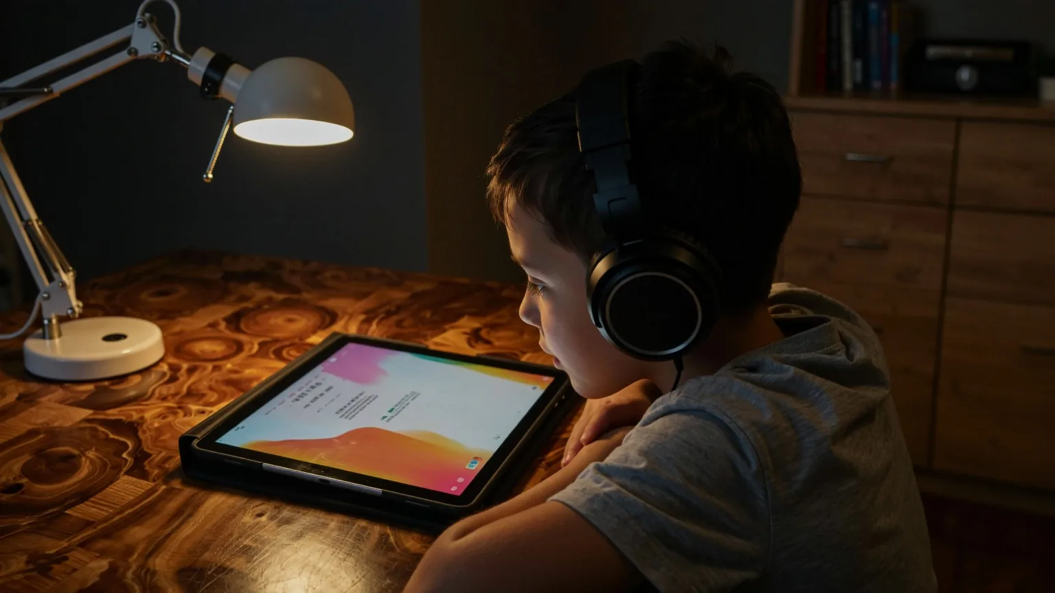 Garçon casqué lisant une tablette à la lueur d'une lampe à un bureau en bois la nuit
