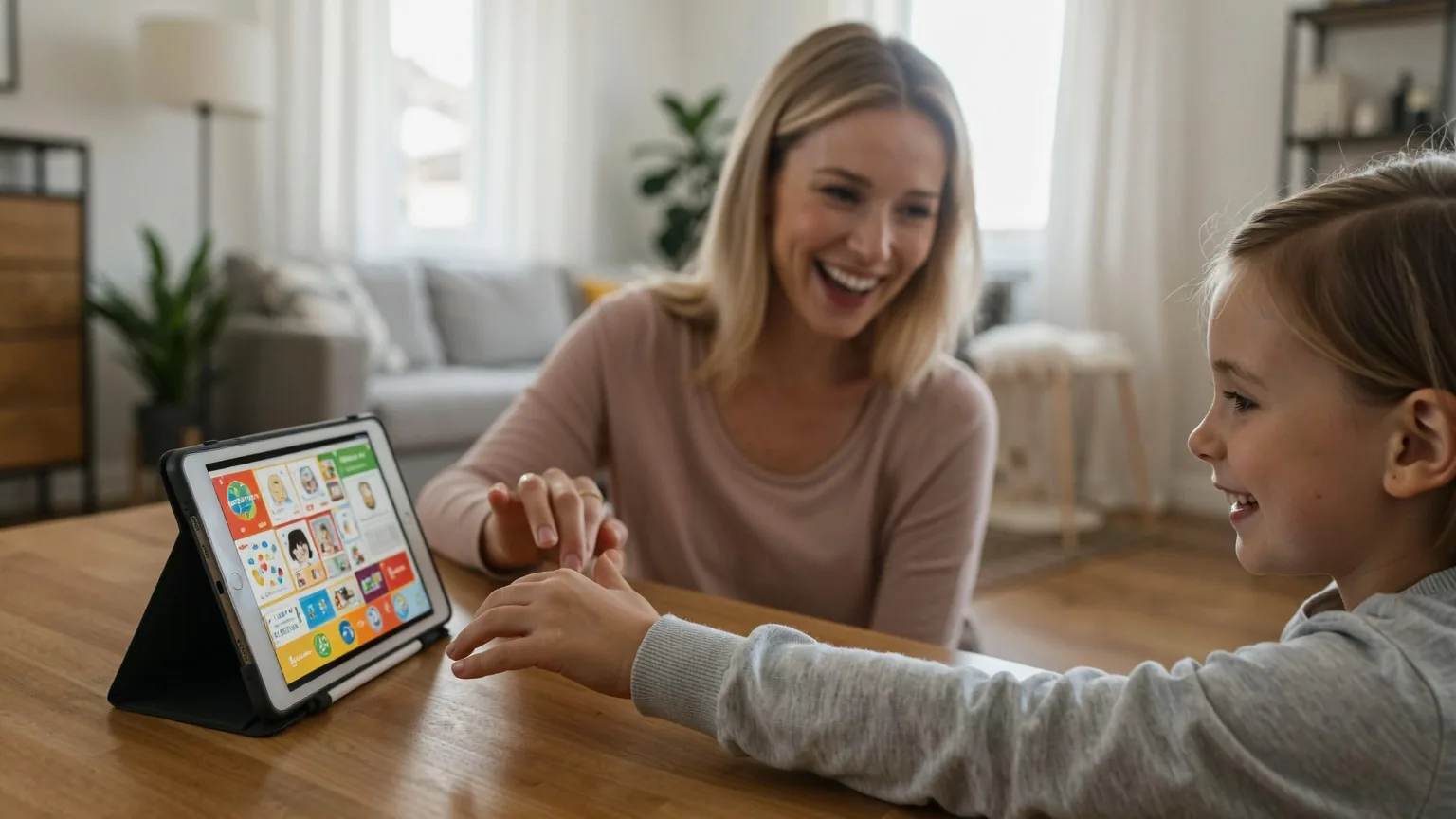 Mutter und Mädchen lächeln auf ein Tablet, das eine bunte Kinder-App in einer Tischhalterung zeigt