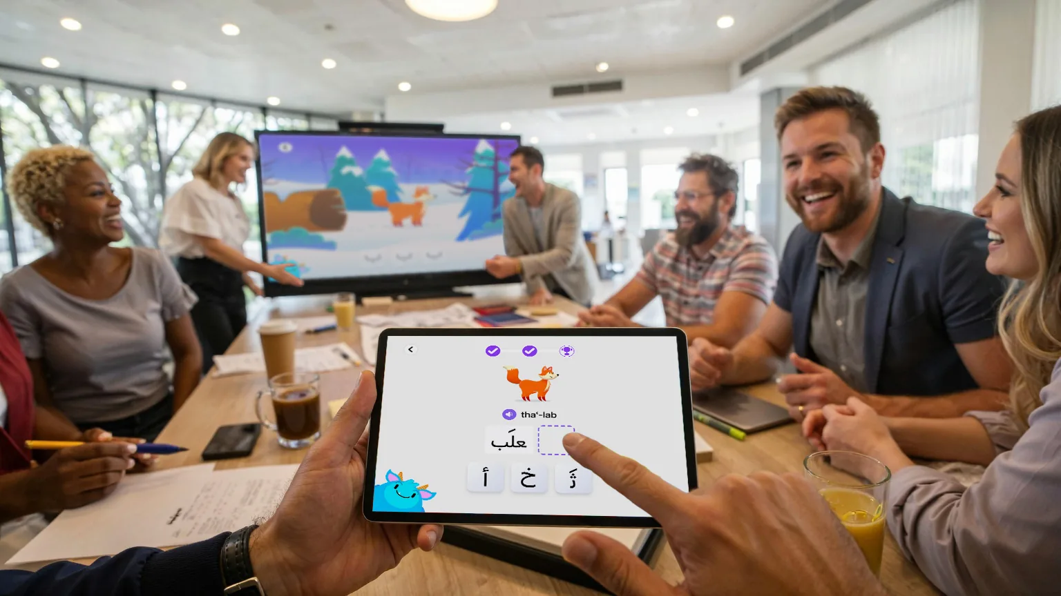 Hände halten ein Tablet mit einer Arabic4Kids Fuchslektion, während sich ein lächelndes Team um einen Tisch versammelt