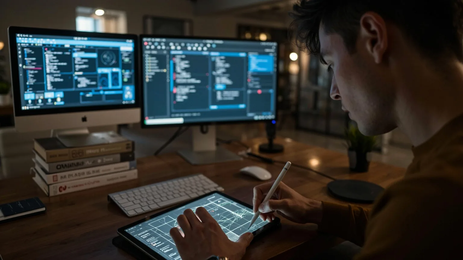 Un uomo che disegna su un tablet con uno stilo davanti a due monitor che mostrano codice