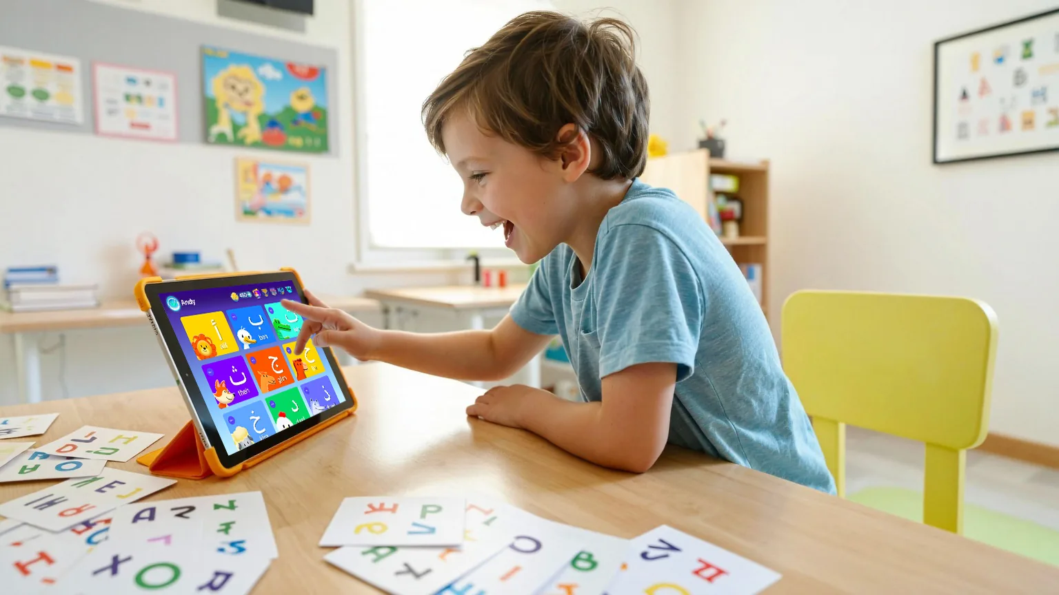 صبي يضحك ويلمس جهازاً لوحياً يعرض قائمة حروف Arabic4Kids، وبطاقات أبجدية تعليمية على الطاولة