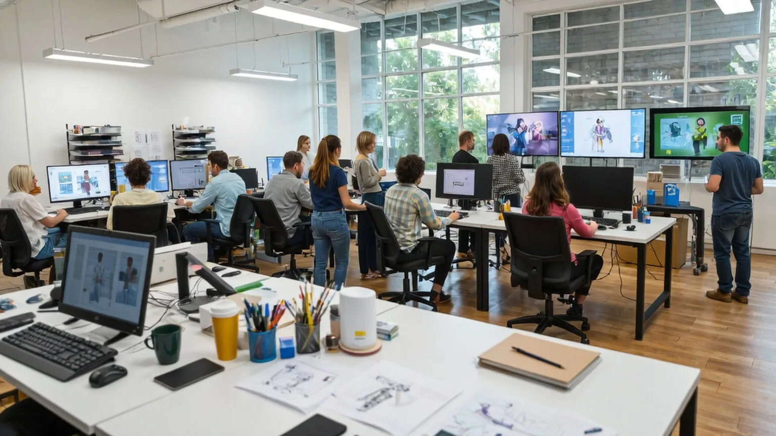 Belebtes Designstudio, in dem Mitarbeiter an Computern arbeiten und Bildschirme animierte Figuren zeigen