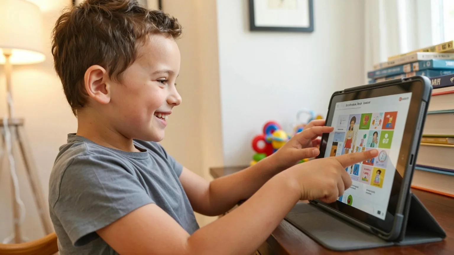 Garçon souriant montrant du doigt une application d'apprentissage colorée sur une tablette posée sur un bureau