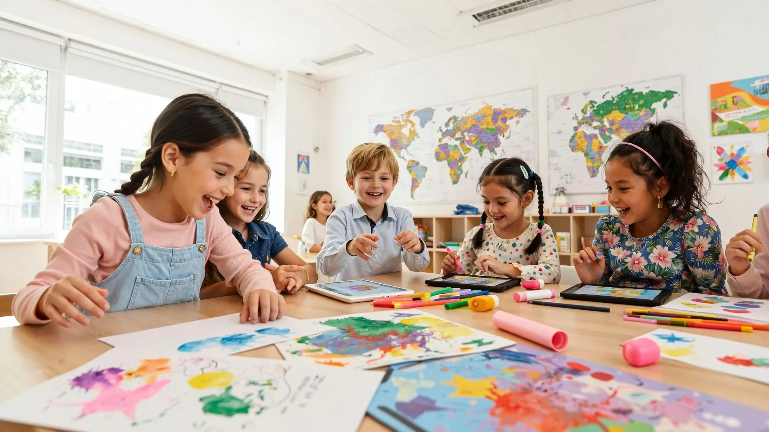 Kinder malen und nutzen Tablets in einem Klassenzimmer mit Weltkarten an der Wand