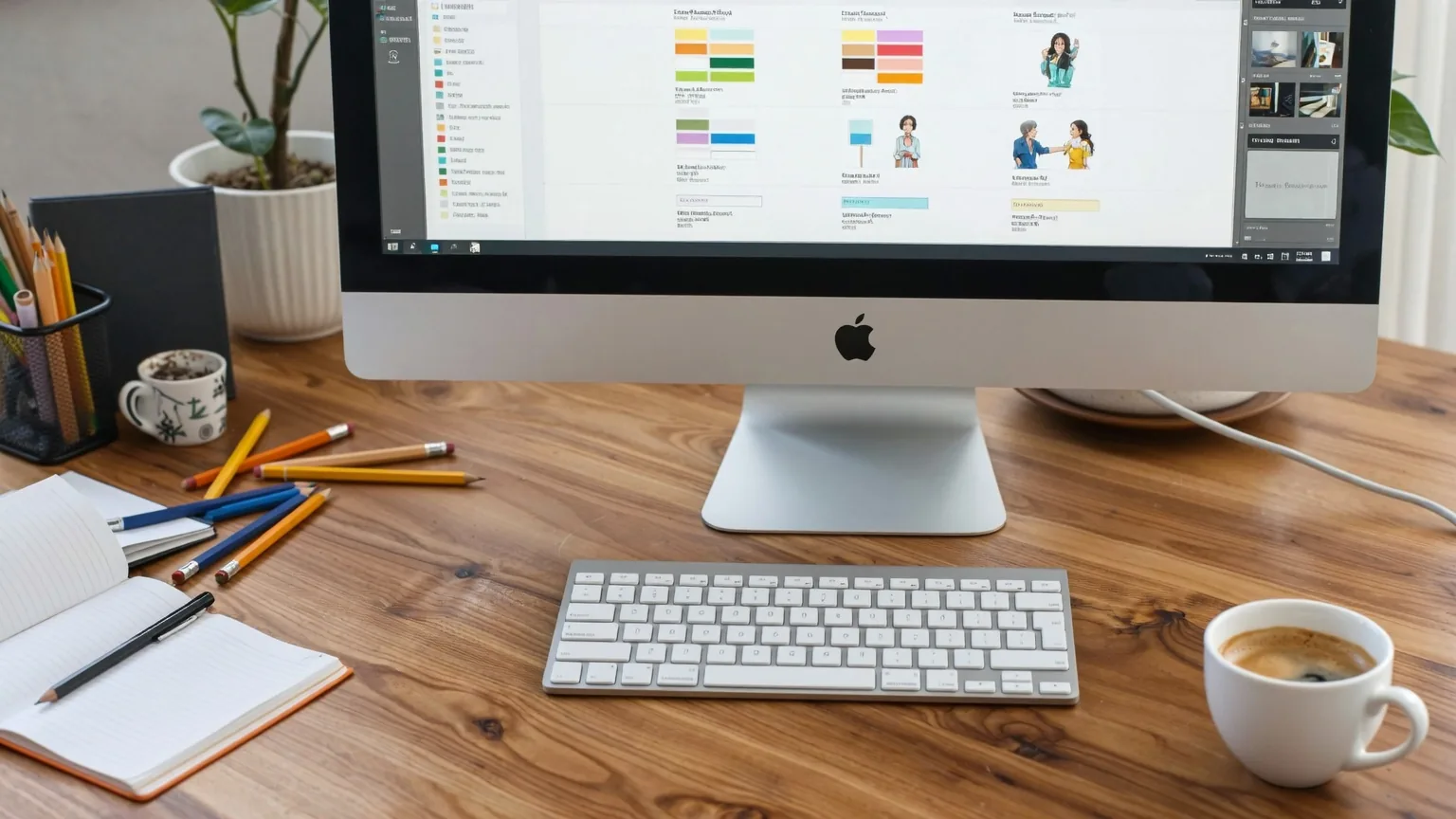 Ein iMac zeigt eine Design-App mit Farbpaletten und Charakterillustrationen, daneben Stifte und Kaffee