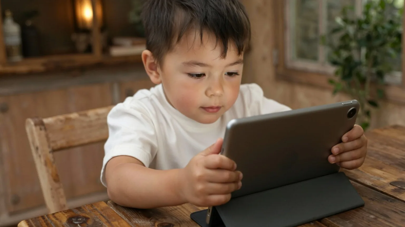 Un bambino seduto a un tavolo di legno, concentrato su un tablet tenuto con entrambe le mani