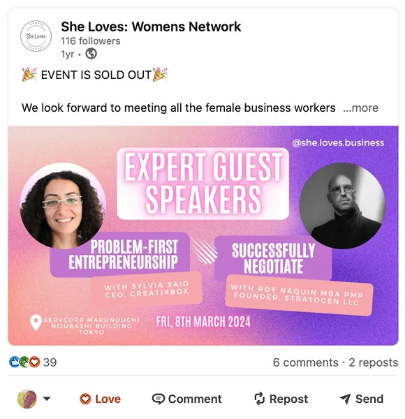 LinkedIn-Beitrag von She Loves: Women's Network stellt Sylvia Said als Expertin und Gastrednerin vor