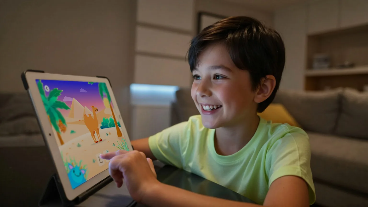 Lächelnder Junge berührt ein Tablet mit einem Zeichentrick-Kamel in einer Wüstenszene aus Arabic4Kids