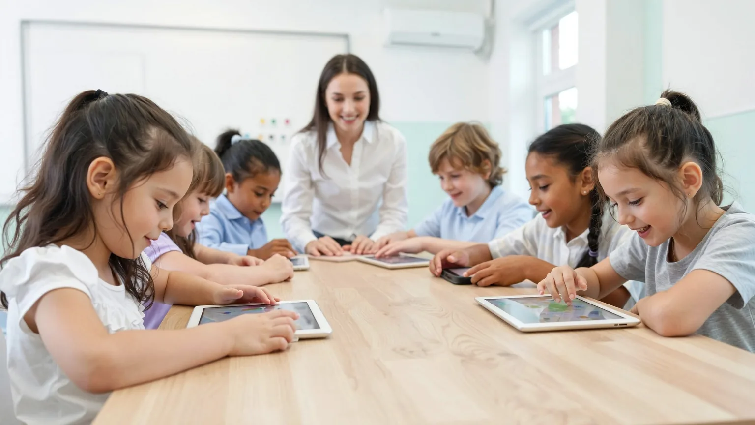 Six enfants utilisant des tablettes autour d'une table pendant qu'un enseignant observe dans une classe lumineuse