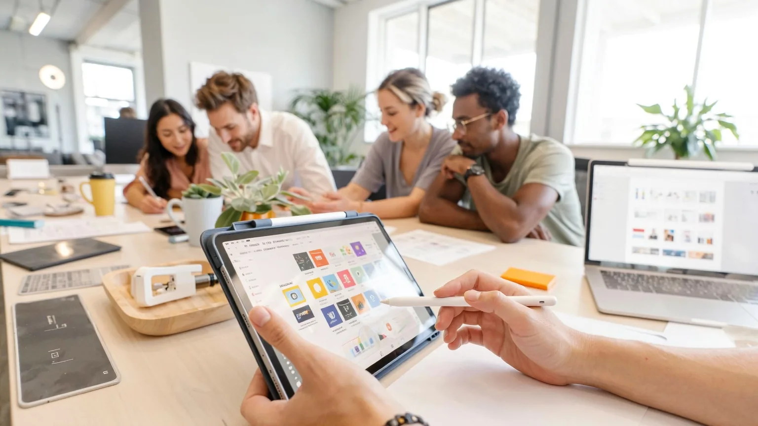 Eine Hand hält ein Tablet mit bunten App-Symbolen, während ein junges Team an einem Bürotisch zusammenarbeitet