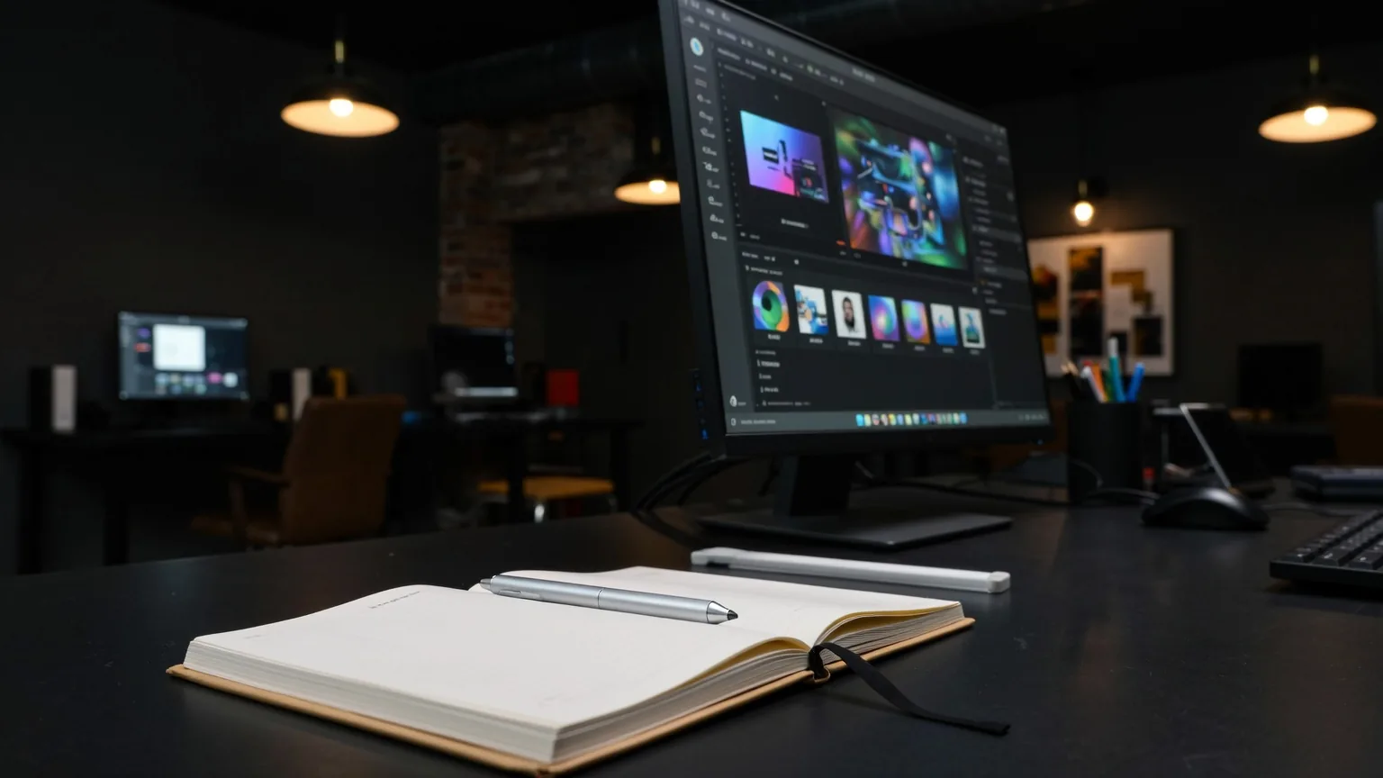 Quaderno vuoto aperto e penna su una scrivania scura con un'app di design che brilla sul monitor sullo sfondo