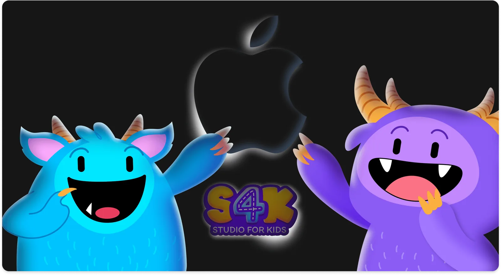 وحوش Studio4Kids الزرقاء والأرجوانية تهتف بجانب شعار Apple المتوهج وشعار S4K