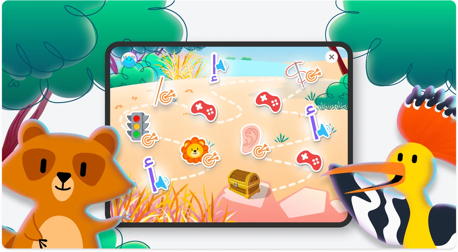خريطة مستوى الأدغال في Arabic4Kids على جهاز لوحي مع ملصقات حروف وصندوق كنز وشخصيات حيوانات