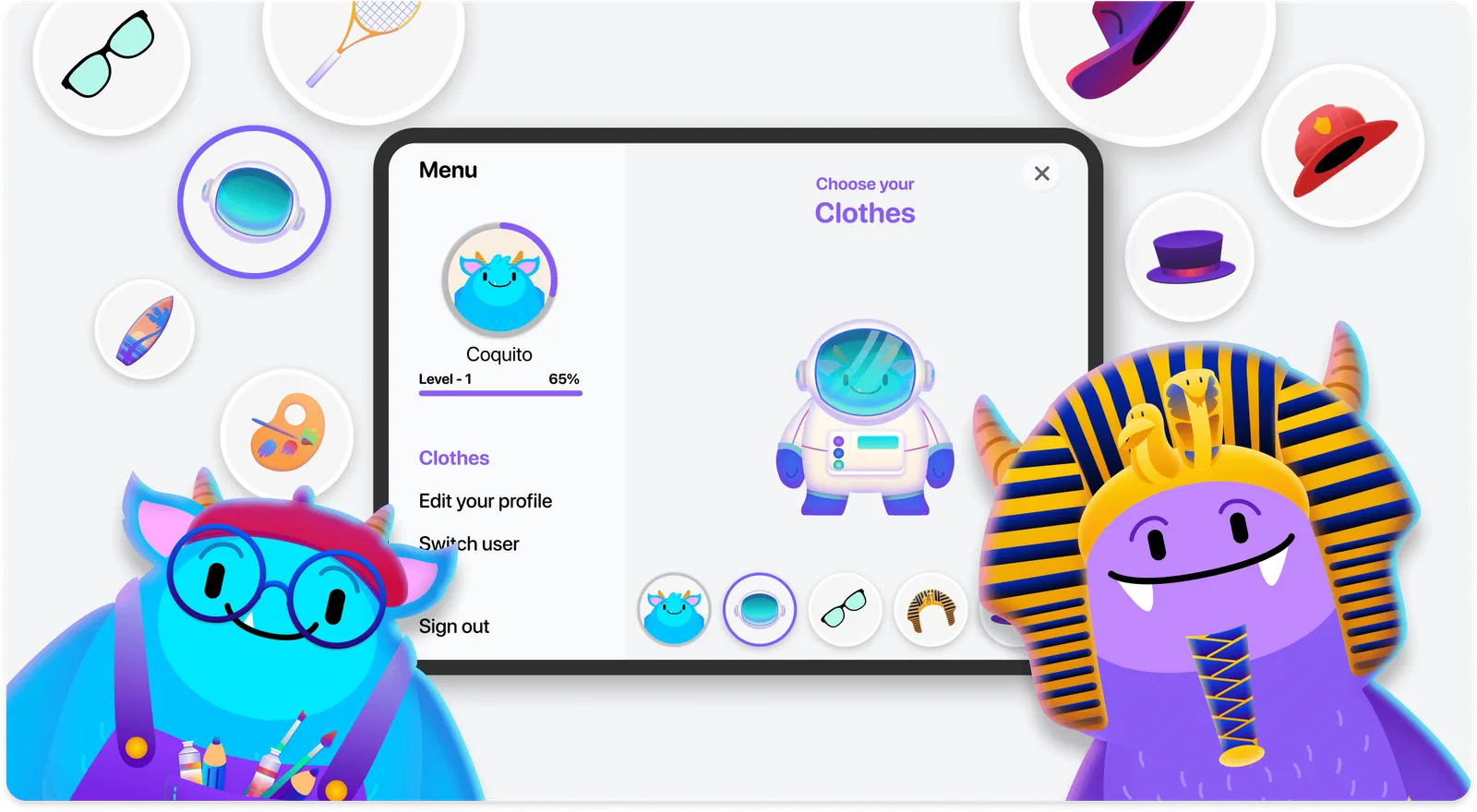 قائمة الملف الشخصي في Arabic4Kids تعرض تخصيص الصورة الرمزية بزي رائد فضاء وشخصيات وحش