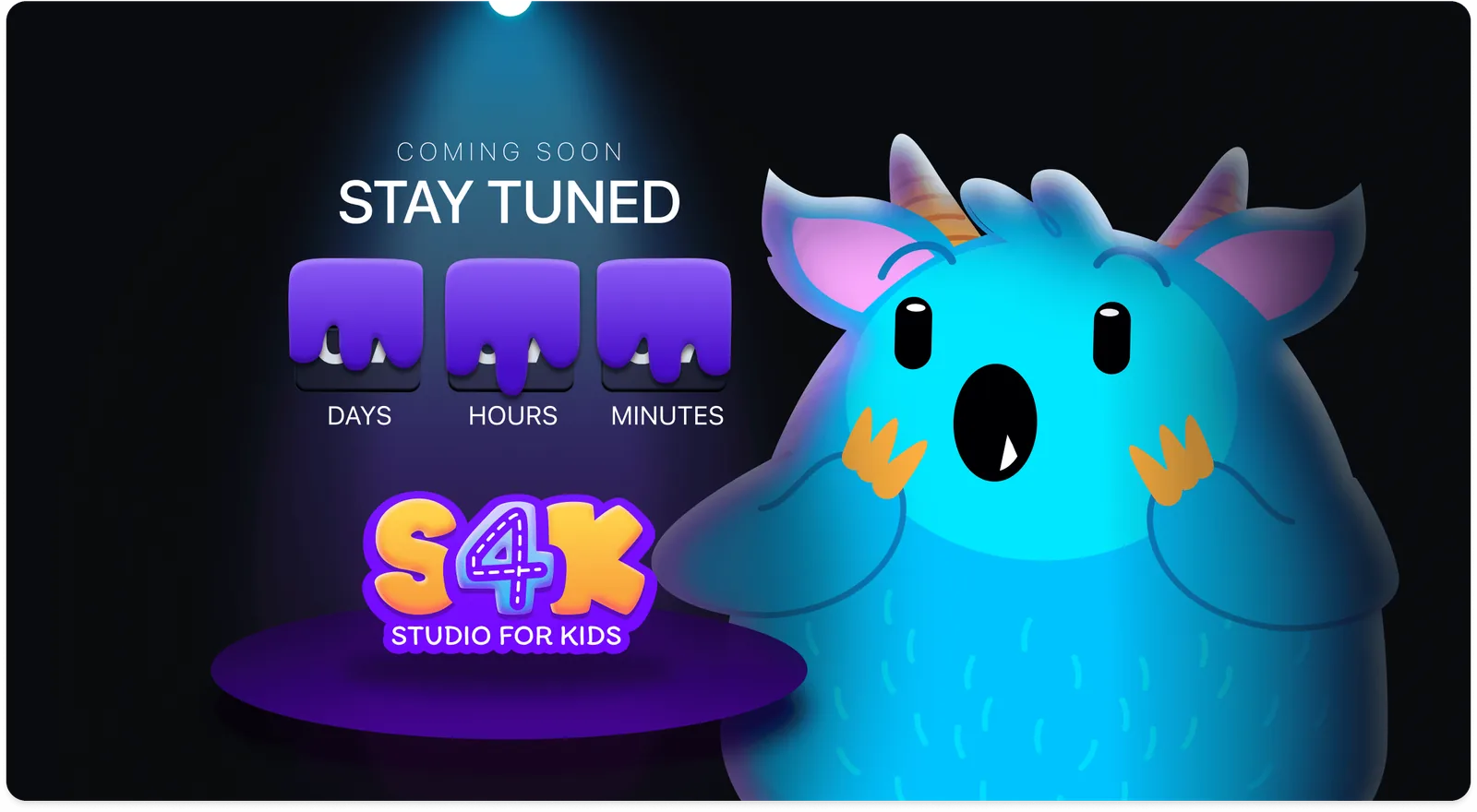 Conto alla rovescia in giorni, ore e minuti per il lancio, accanto a un mostro blu sorpreso di Studio4Kids